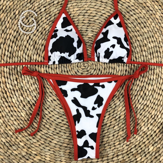 Women's Cow Print Deep V-neck Bikini