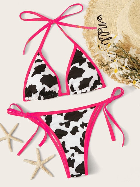 Women's Cow Print Deep V-neck Bikini