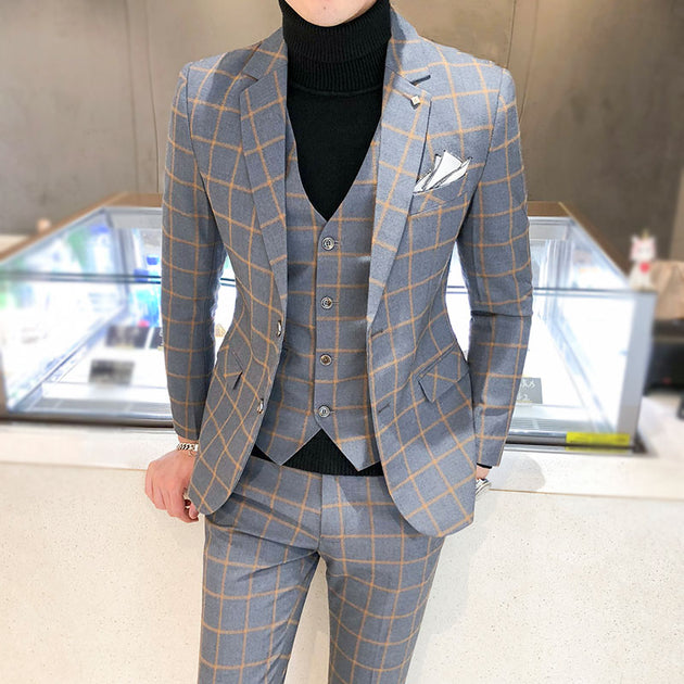 Men's 3 Piece Set Plaid Suit