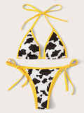 Women's Cow Print Deep V-neck Bikini