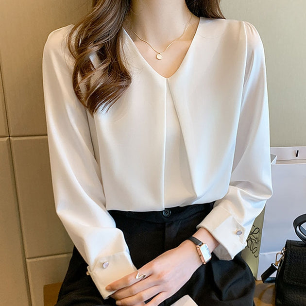 Women's White Long Sleeve Solid Color Shirt