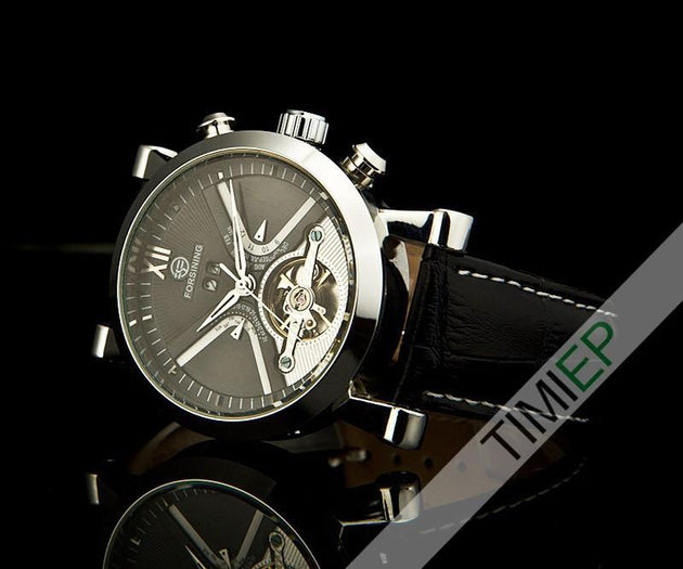 Men's Black Band Heavy Silver Trim Dress Watch - TrendSettingFashions 