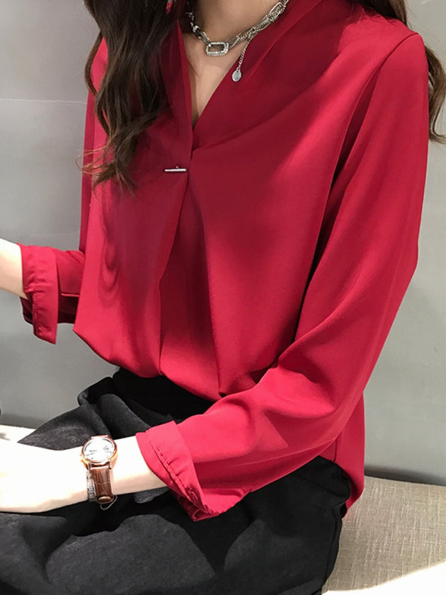 Women's V-neck Long Sleeve Top Solid Color