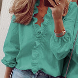 Women's Fashion Ruffles Shirt V Neck Long Sleeve