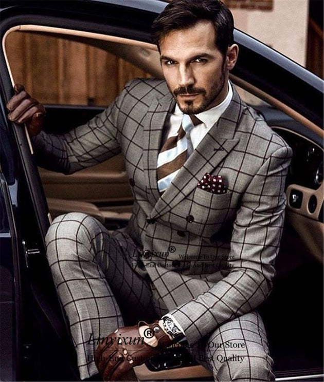 Men's Formal Grey Plaid Men Suits Double Breasted 2 Piece Set