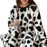 Women's 2Pcs/Set Cow Print Pajamas O-Neck Long Sleeves