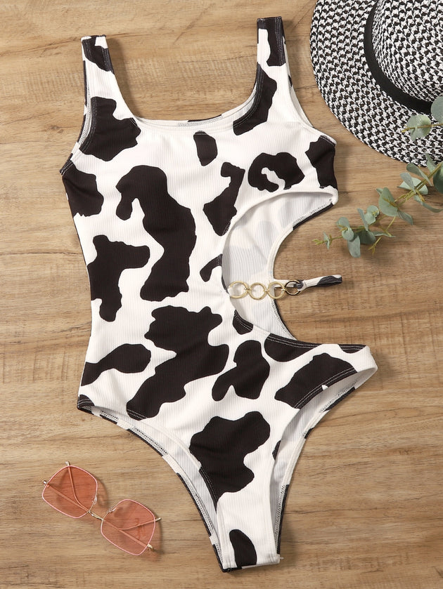 Women's Cow Print Rib Cut-out One Piece Swimsuit Ring Linked