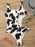 Women's Cow Print Rib Cut-out One Piece Swimsuit Ring Linked