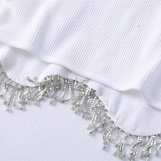 Women's Hem Tassel Diamond Beading Knitting T Shirt