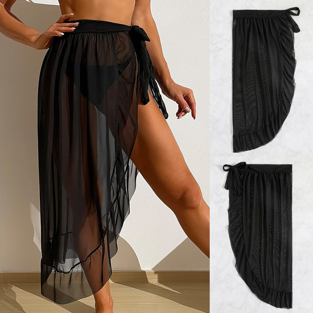 Women's Black Beach Sheer Wrap Waist Cover Up