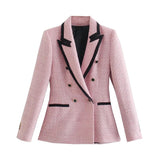 Women's Elegant Pink Texture Double Breasted Tweed Long Sleeve Blazer