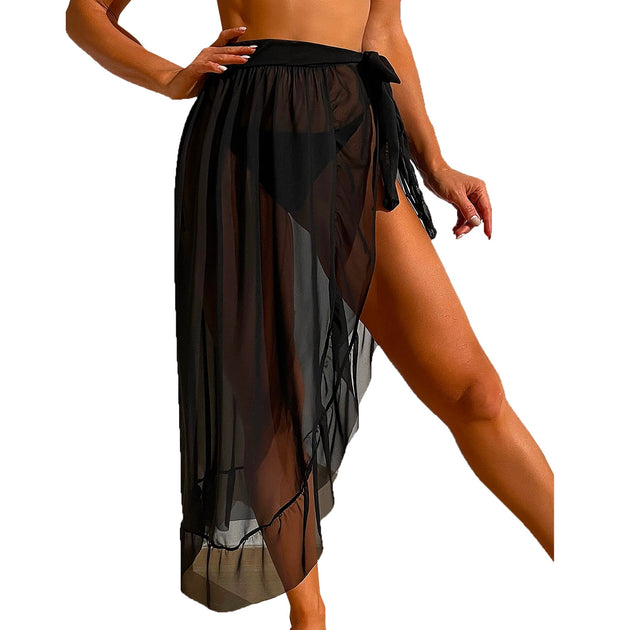 Women's Black Beach Sheer Wrap Waist Cover Up