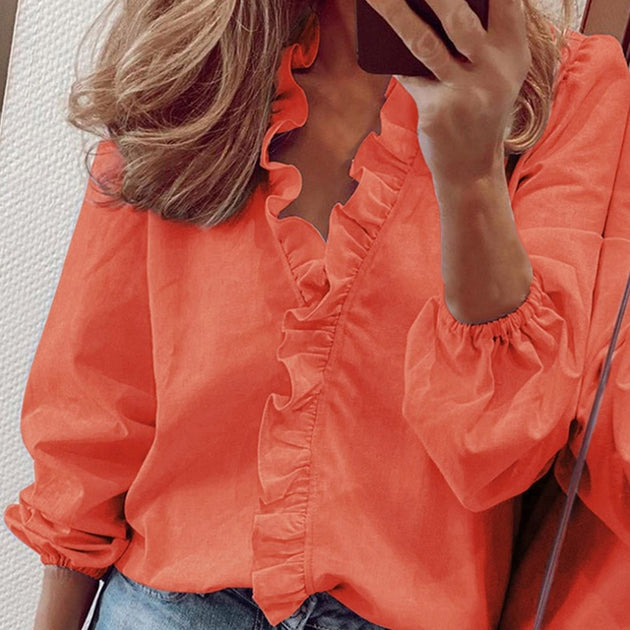 Women's Fashion Ruffles Shirt V Neck Long Sleeve