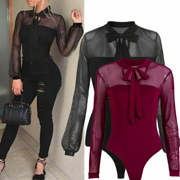 Women's Bow Collar Elegant Bodysuit Mesh Sheer Long Sleeve