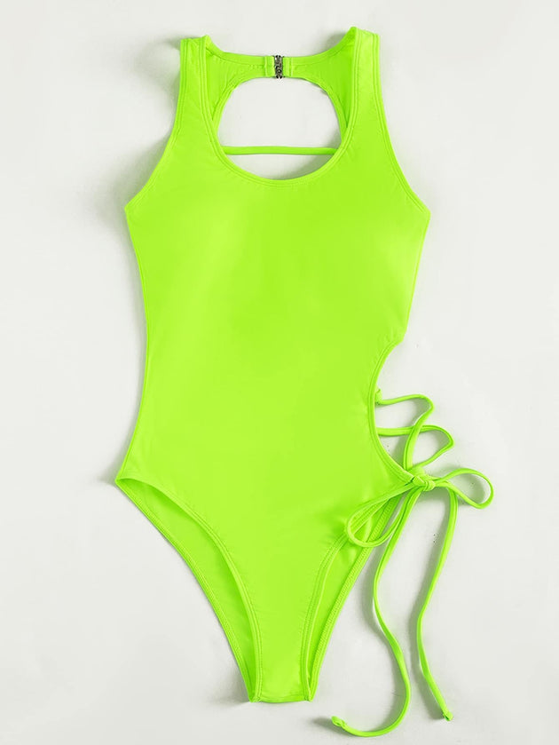 Women's Neon Swimwear Solid Hollow Out Cross Back Sexy Adjustable One Piece Swimsuit