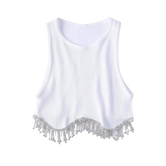 Women's Hem Tassel Diamond Beading Knitting T Shirt