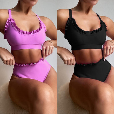 Women's Sexy Swimwear Solid Ruffle High Waist Bikini Set