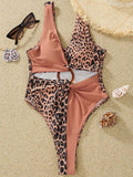 Women's One Piece Swimsuit Leopard Printed Color Block Ring Cut Out Swimwear