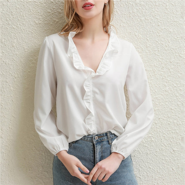 Women's Fashion Ruffles Shirt V Neck Long Sleeve