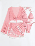 4 Piece Set Lace Up Halter Triangle Bikini Swimsuit ; Cover Up Top With Skirt