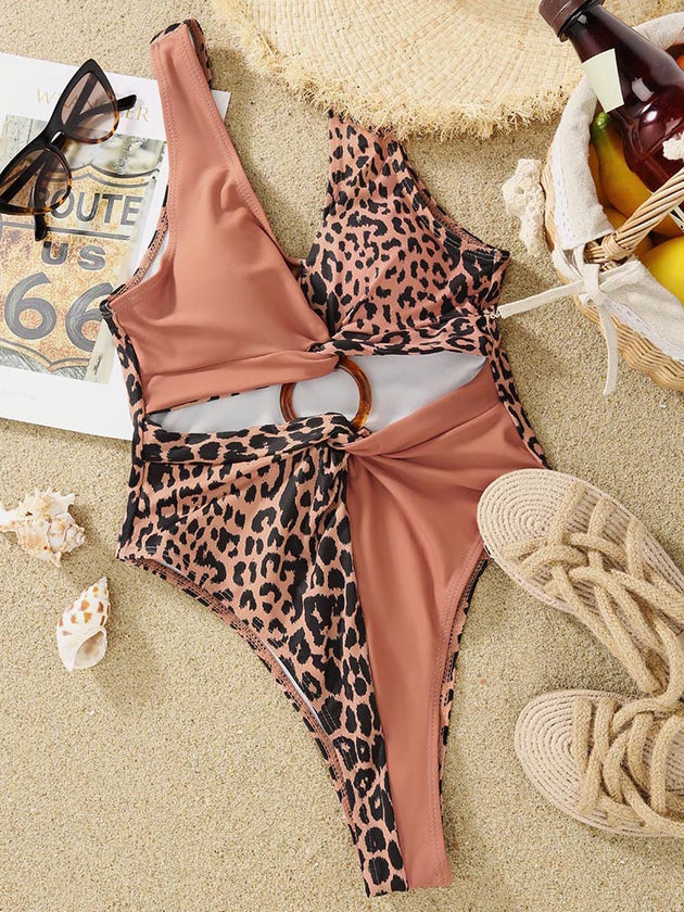 Women's One Piece Swimsuit Leopard Printed Color Block Ring Cut Out Swimwear