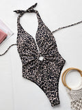 Women's One Piece Leopard V Neck Bathing Suit
