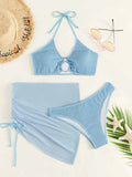 Women's Textured Ring Linked Halter Bikini High Waist Swimsuit 3 pcs