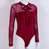 Women's Bow Collar Elegant Bodysuit Mesh Sheer Long Sleeve