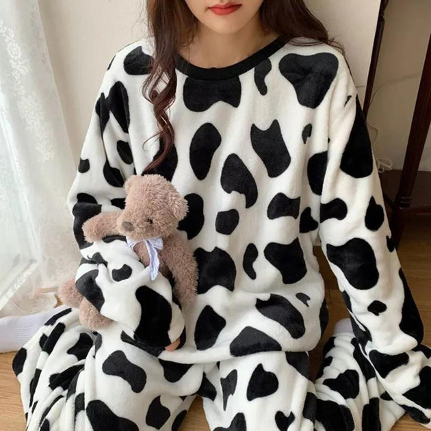 Women's 2Pcs/Set Cow Print Pajamas O-Neck Long Sleeves