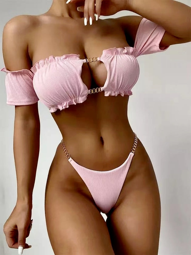 Women's Sexy Solid Bikinis Off Shoulder Hollow Out Thong Swimsuit