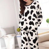 Women's 2Pcs/Set Cow Print Pajamas O-Neck Long Sleeves