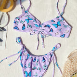 Women's Sexy Butterfly Print drawstring Knotted Bikini Set