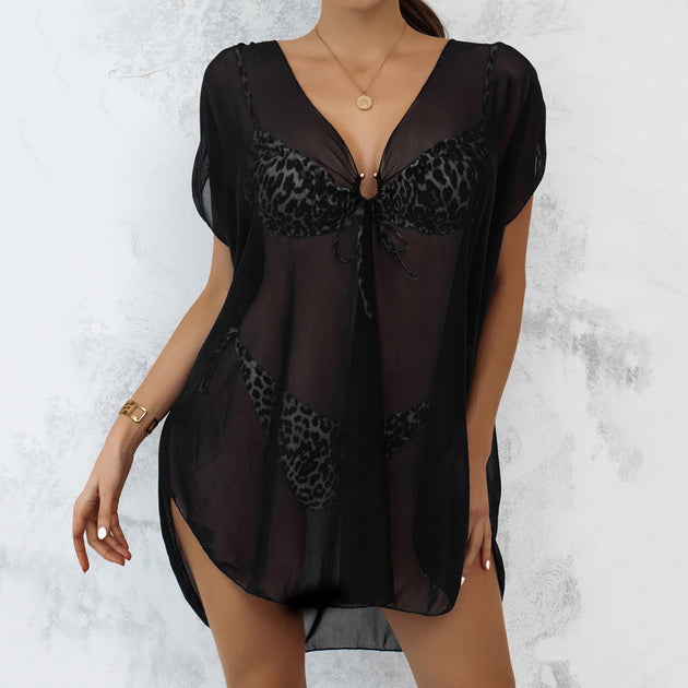 Women's Short Sleeve See Through Mesh Sheer Beach Cover Up