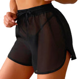 Women Drawstring Black Mesh Cover Up Shorts Beach Bikini Wraps Short Skirt Lace Scarf Cover Ups For Swimwear
