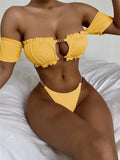 Women's Sexy Solid Bikinis Off Shoulder Hollow Out Thong Swimsuit