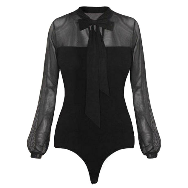 Women's Bow Collar Elegant Bodysuit Mesh Sheer Long Sleeve