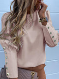 Women's Work Wear Blouses Long Sleeve Metal Buttons Shirt Casual O Neck Blouse