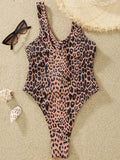Women's One Piece Swimsuit Leopard Printed Color Block Ring Cut Out Swimwear