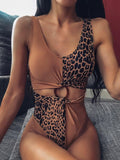 Women's One Piece Swimsuit Leopard Printed Color Block Ring Cut Out Swimwear