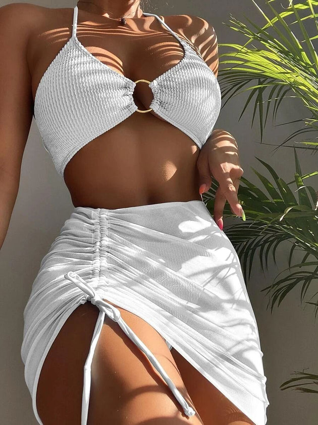 Women's Textured Ring Linked Halter Bikini High Waist Swimsuit 3 pcs