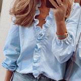 Women's Fashion Ruffles Shirt V Neck Long Sleeve