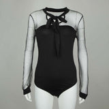 Women's Bow Collar Elegant Bodysuit Mesh Sheer Long Sleeve