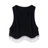 Women's Hem Tassel Diamond Beading Knitting T Shirt