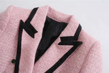Women's Elegant Pink Texture Double Breasted Tweed Long Sleeve Blazer