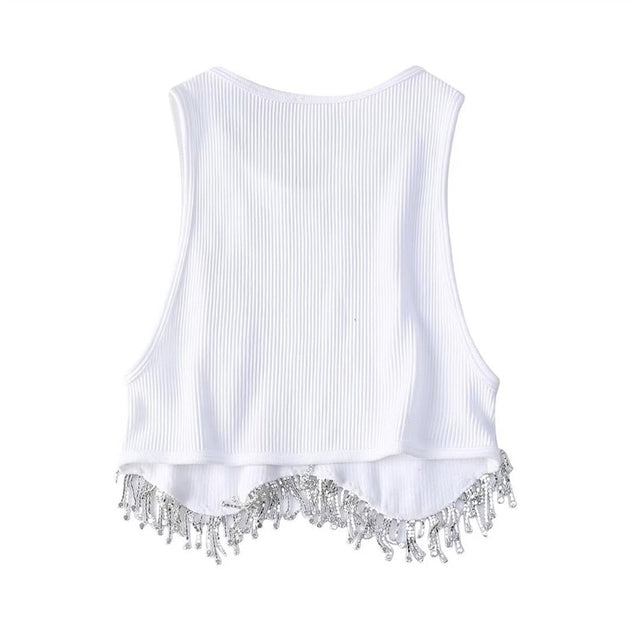 Women's Hem Tassel Diamond Beading Knitting T Shirt