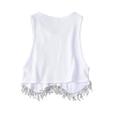 Women's Hem Tassel Diamond Beading Knitting T Shirt