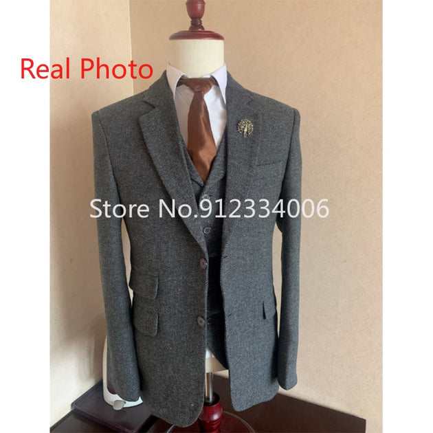 Men's Gray Wool Tweed Suit (Jacket +Vest +Pants)