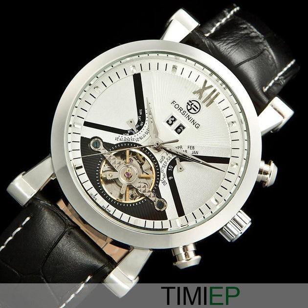 Men's Black Band Heavy Silver Trim/White Dial Dress Watch - TrendSettingFashions 