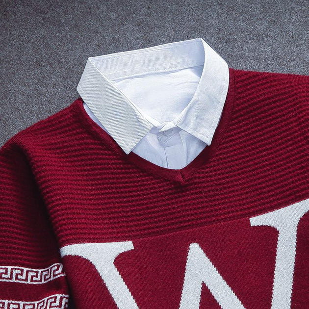 Men's W Print Pullover Sweater - TrendSettingFashions 