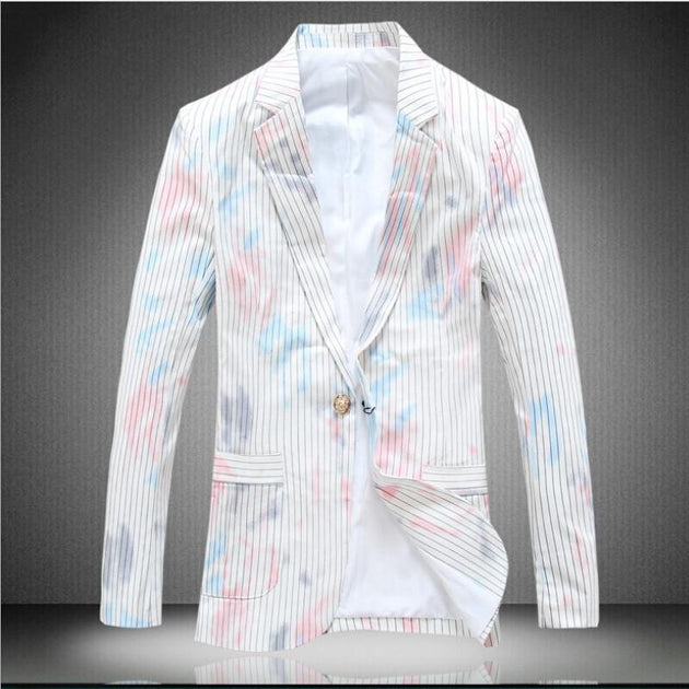 Men's White Striped Painted Blazer - TrendSettingFashions 